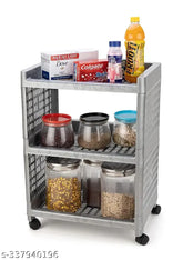 Grey plastic Vande 3-layer storage organizer for kitchen and office, versatile with wheels
